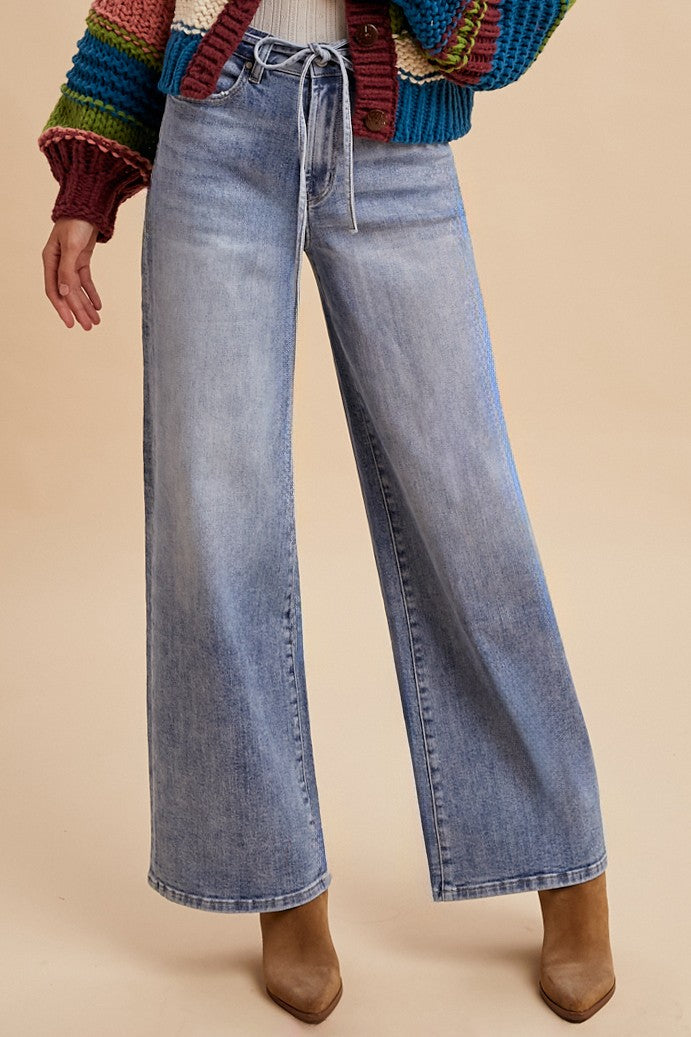 Stretch High Rise Tie Waist Wide Leg Denim Pants