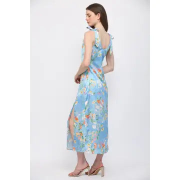 Sky Blue Floral Print Satin Cowl Neck Dress
