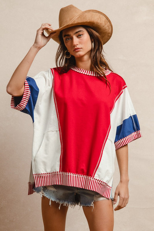 Oversized Short Sleeve Pullover in Red White and Blue