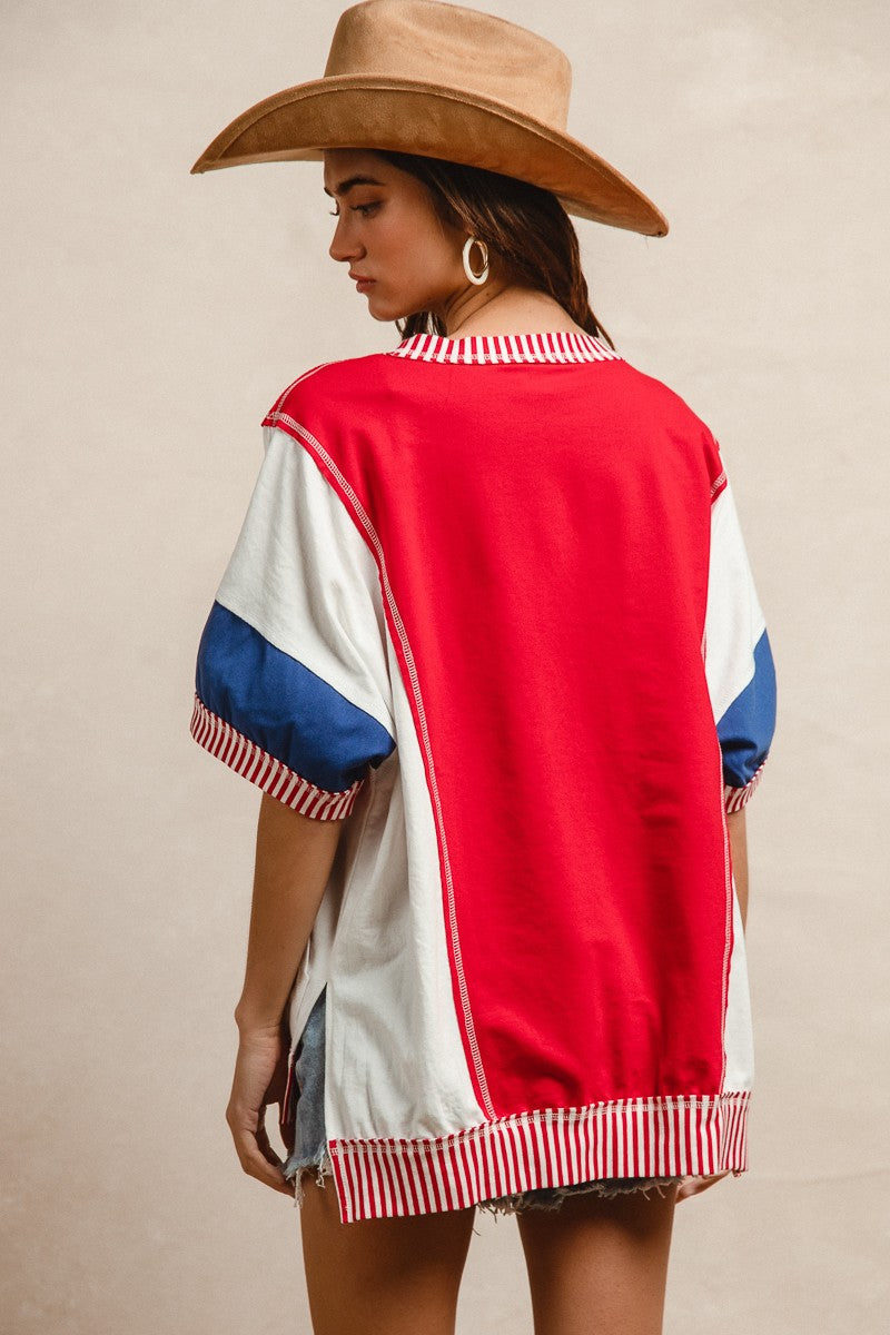 Oversized Short Sleeve Pullover in Red White and Blue