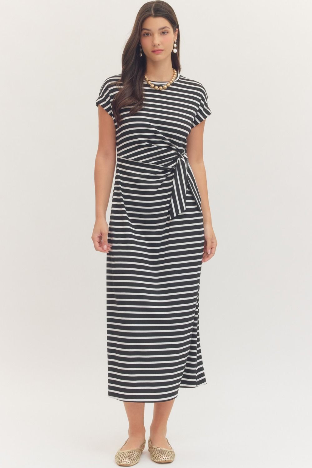 Stripe Tie Waist Dress in Black