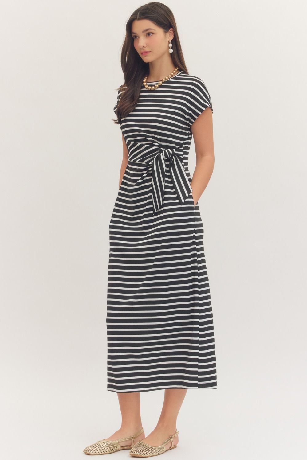 Stripe Tie Waist Dress in Black