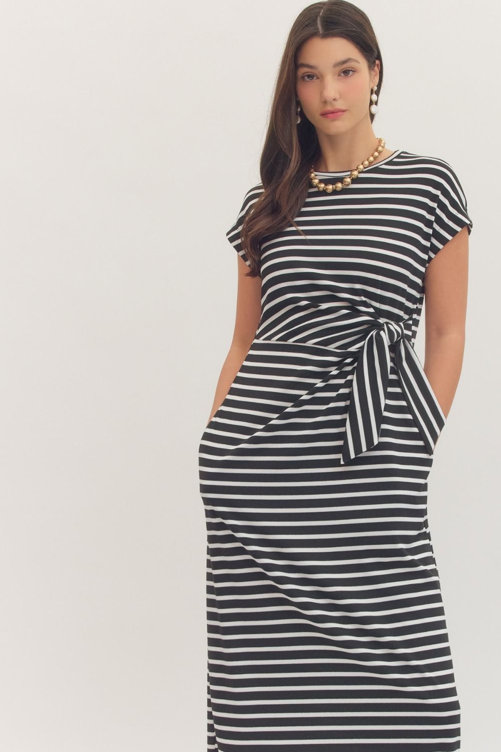 Stripe Tie Waist Dress in Black