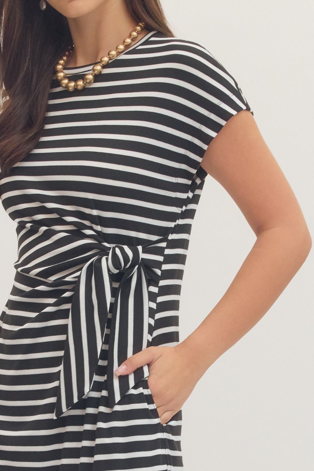 Stripe Tie Waist Dress in Black