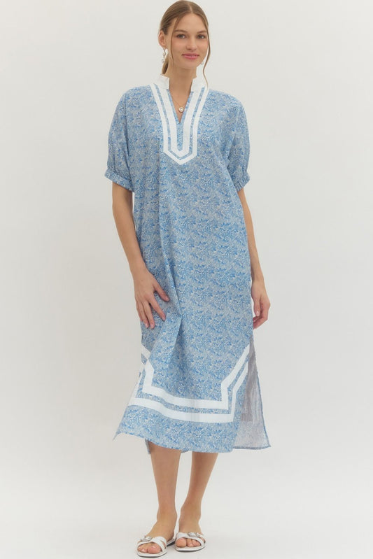 Blue Rose Print Midi Dress