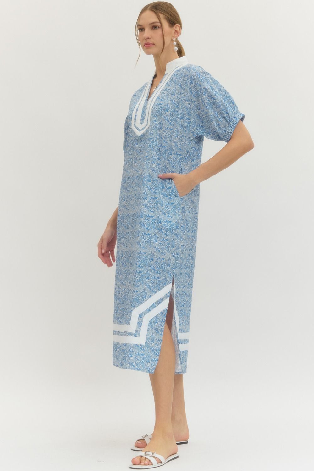 Blue Rose Print Midi Dress