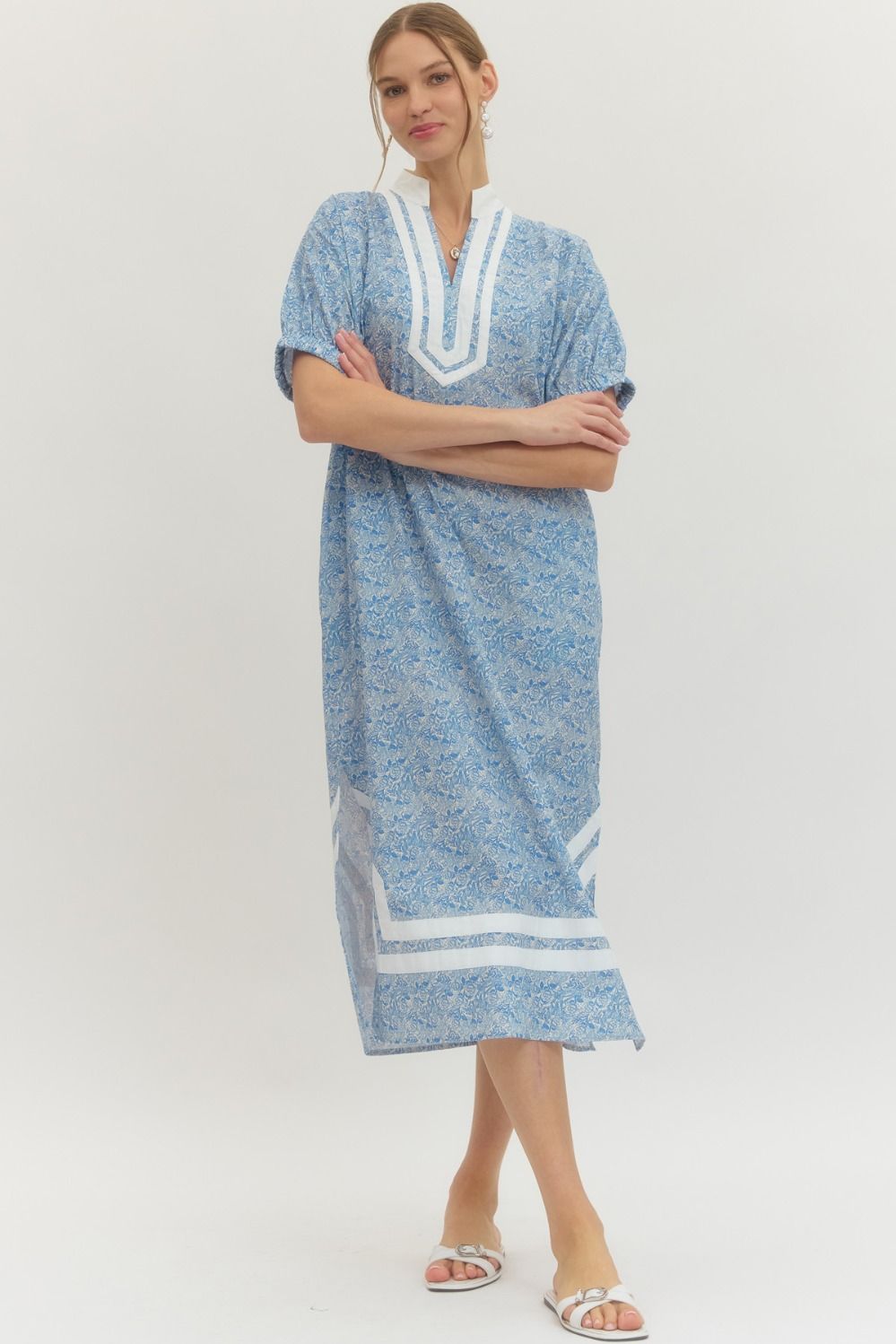 Blue Rose Print Midi Dress