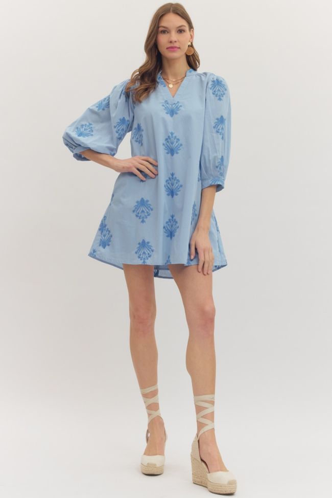 Blue Embroidered Print Mini Dress