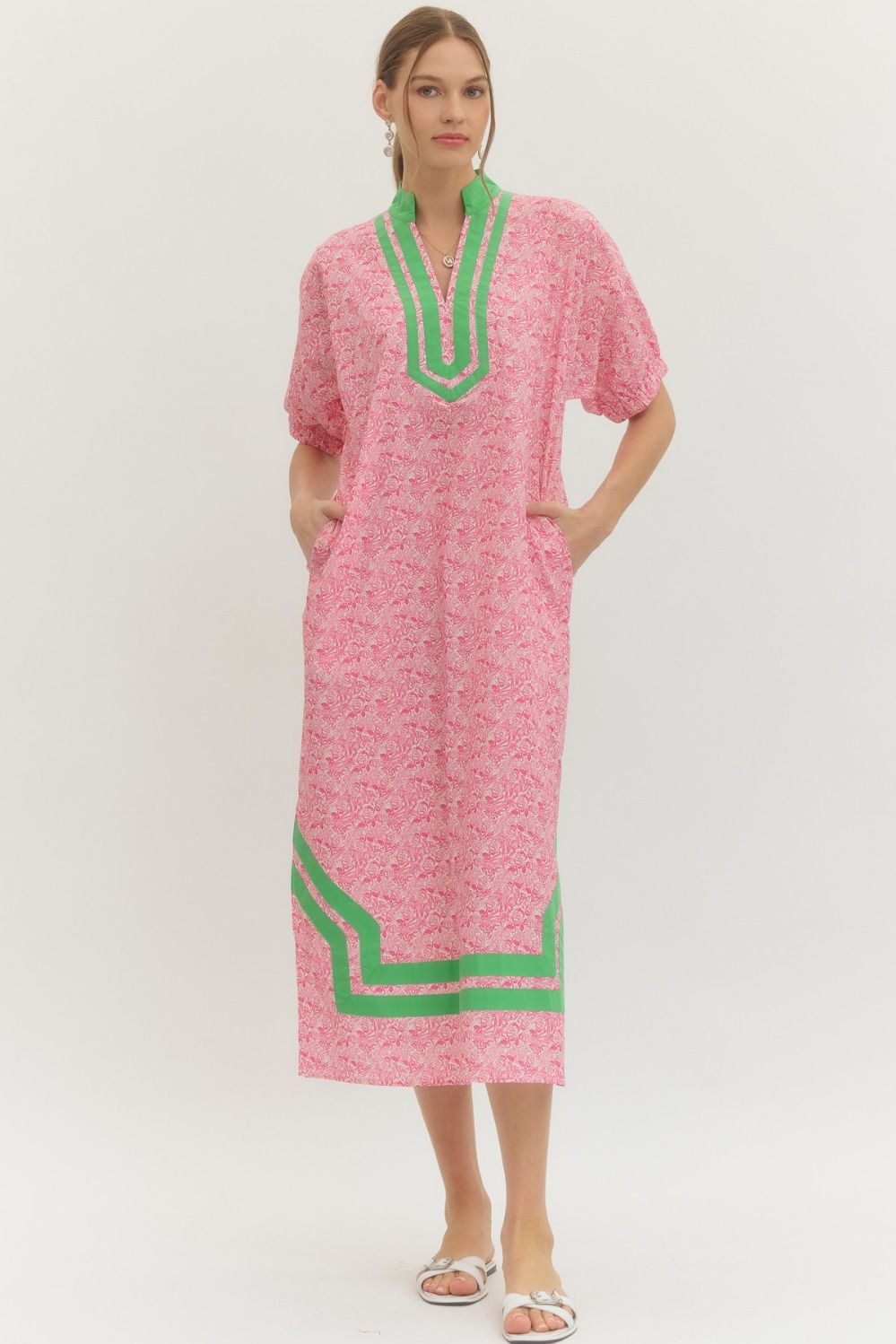 Pink Rose Print Midi Dress