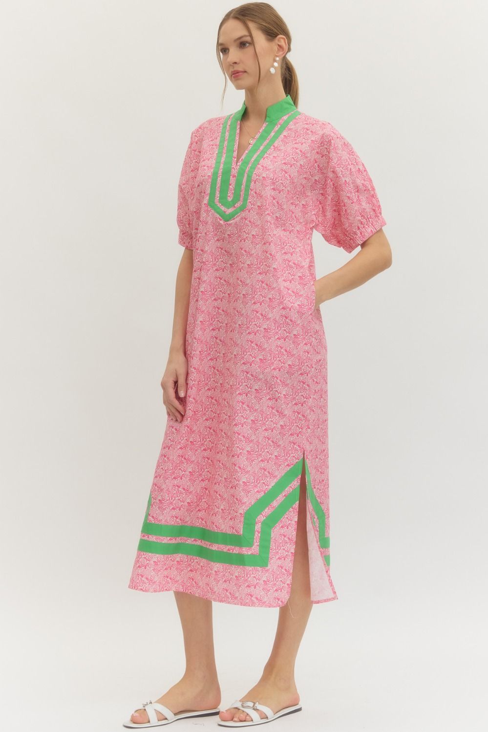 Pink Rose Print Midi Dress