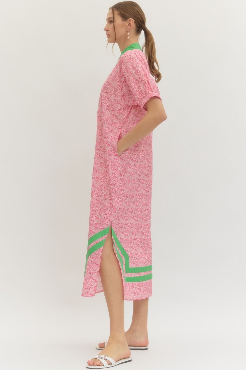 Pink Rose Print Midi Dress