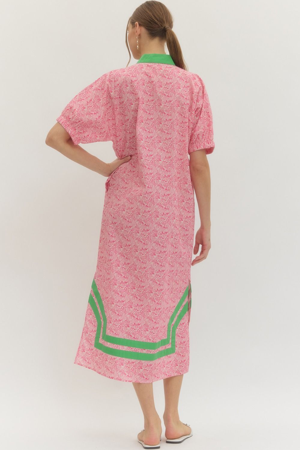 Pink Rose Print Midi Dress