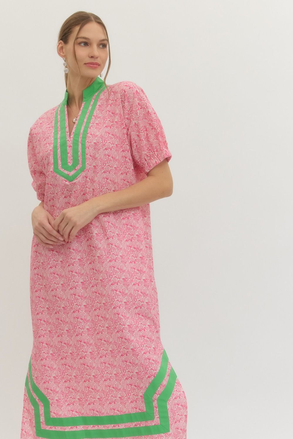 Pink Rose Print Midi Dress