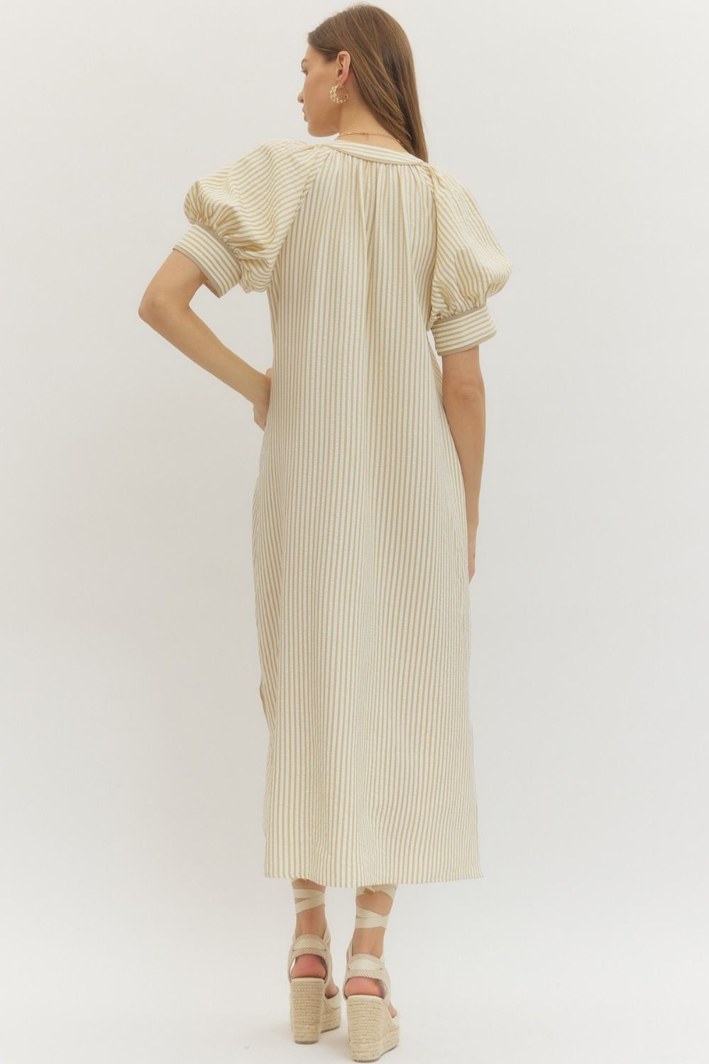 Floral Design Striped Midi Dress In Taupe