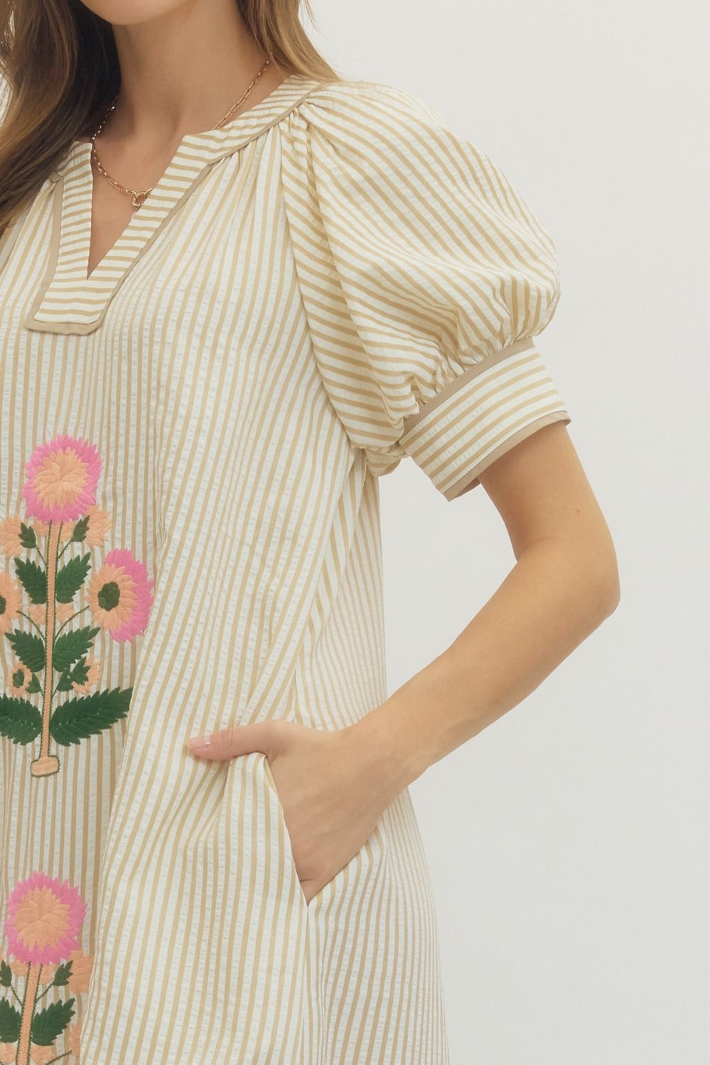 Floral Design Striped Midi Dress In Taupe