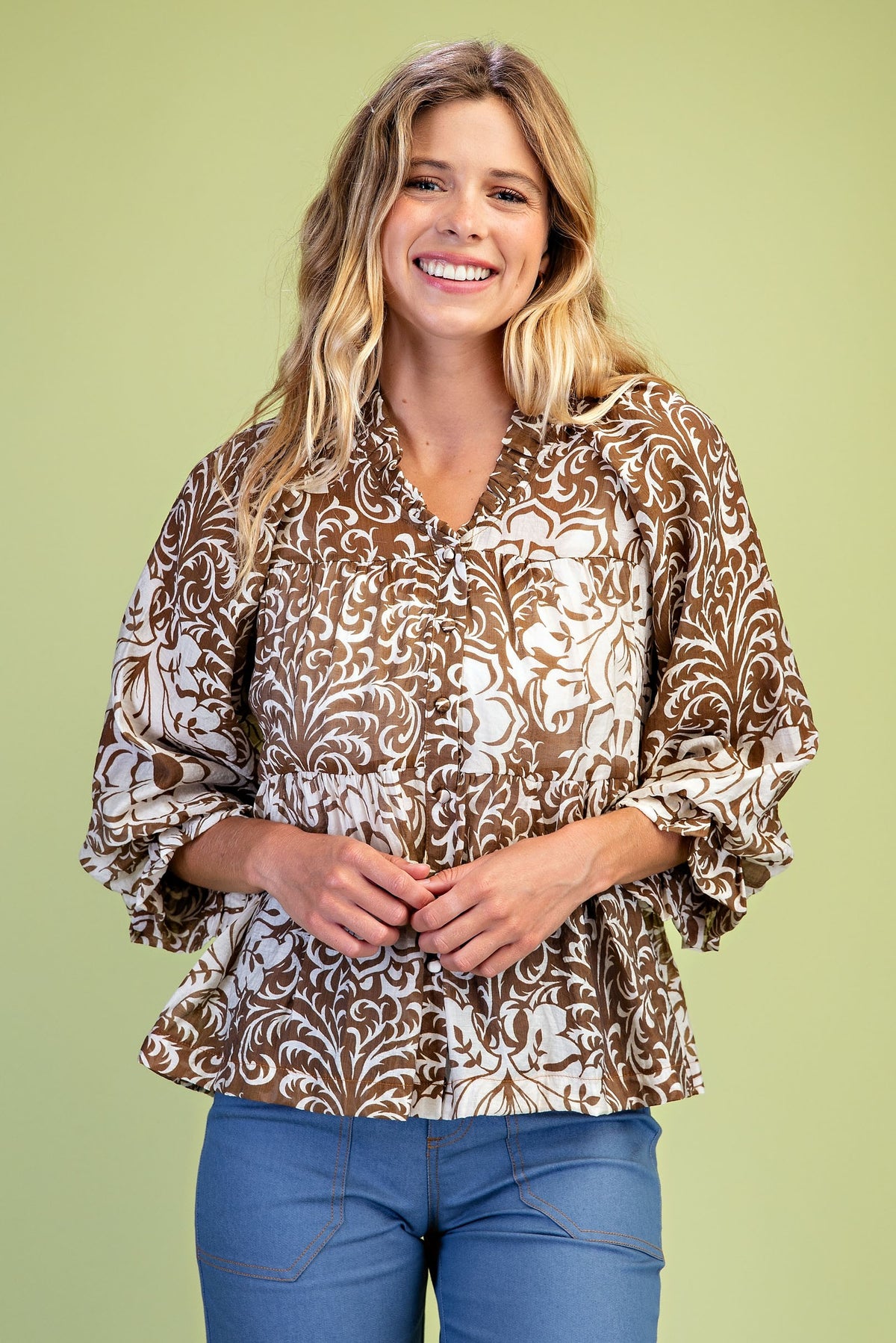 Tiered Button Down Top in Mocha Print