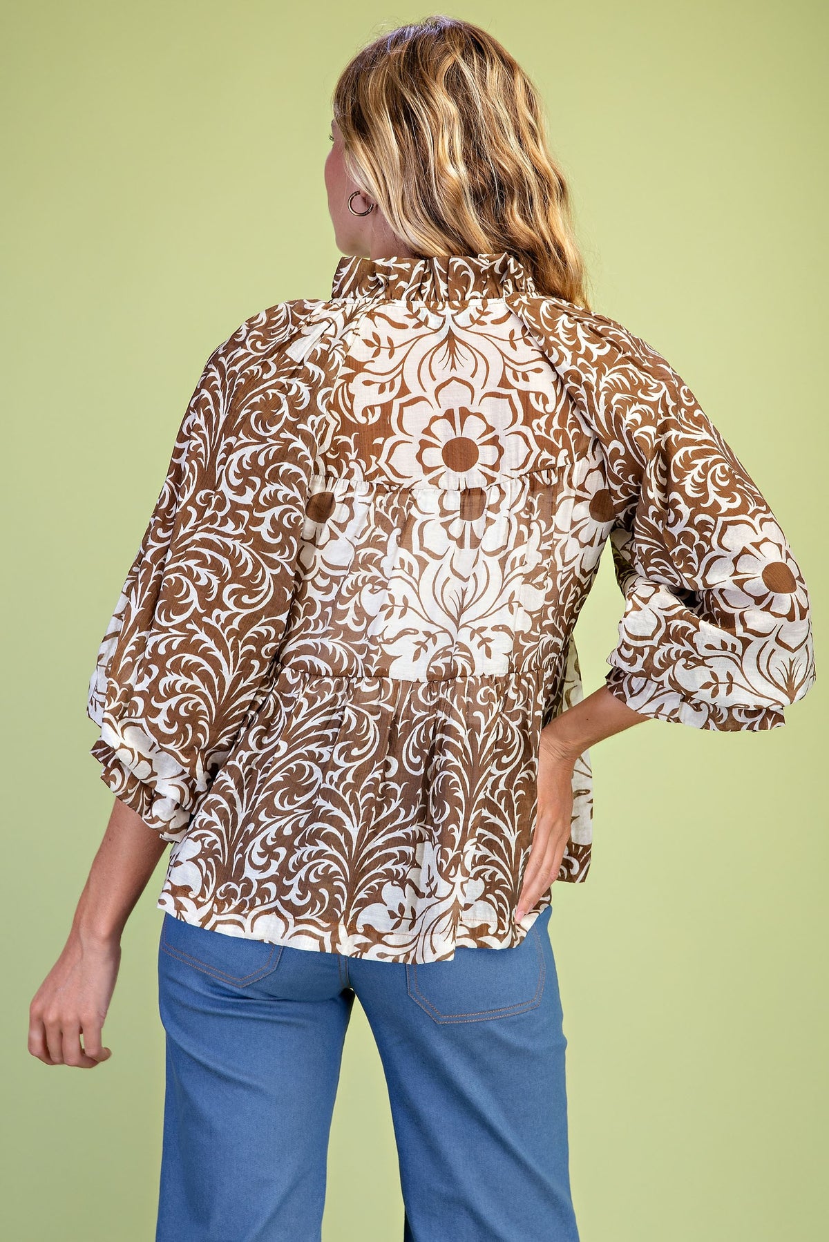 Tiered Button Down Top in Mocha Print