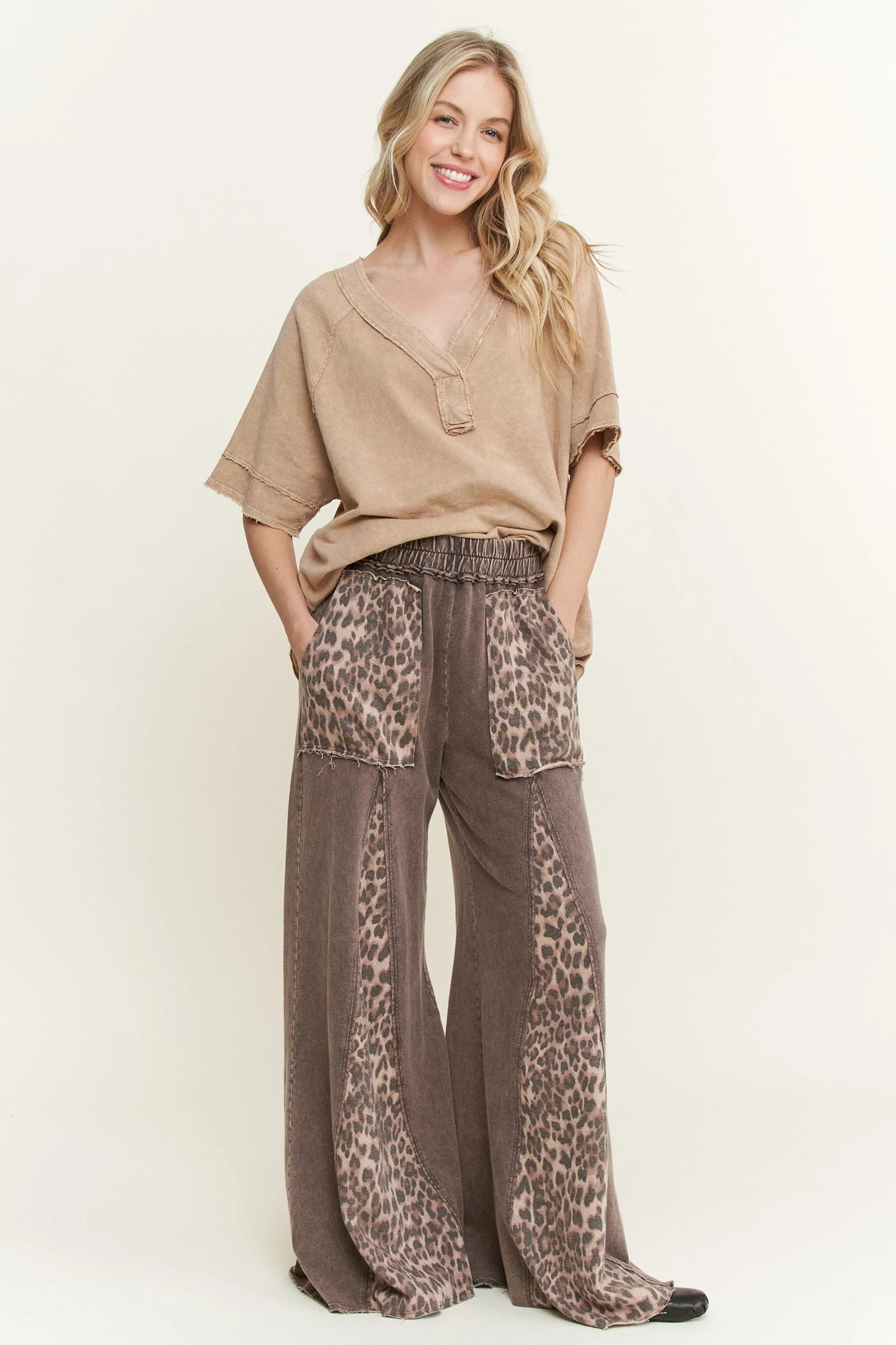 Leopard Detail Flare Leg Bottoms in Tan or Dark Gray