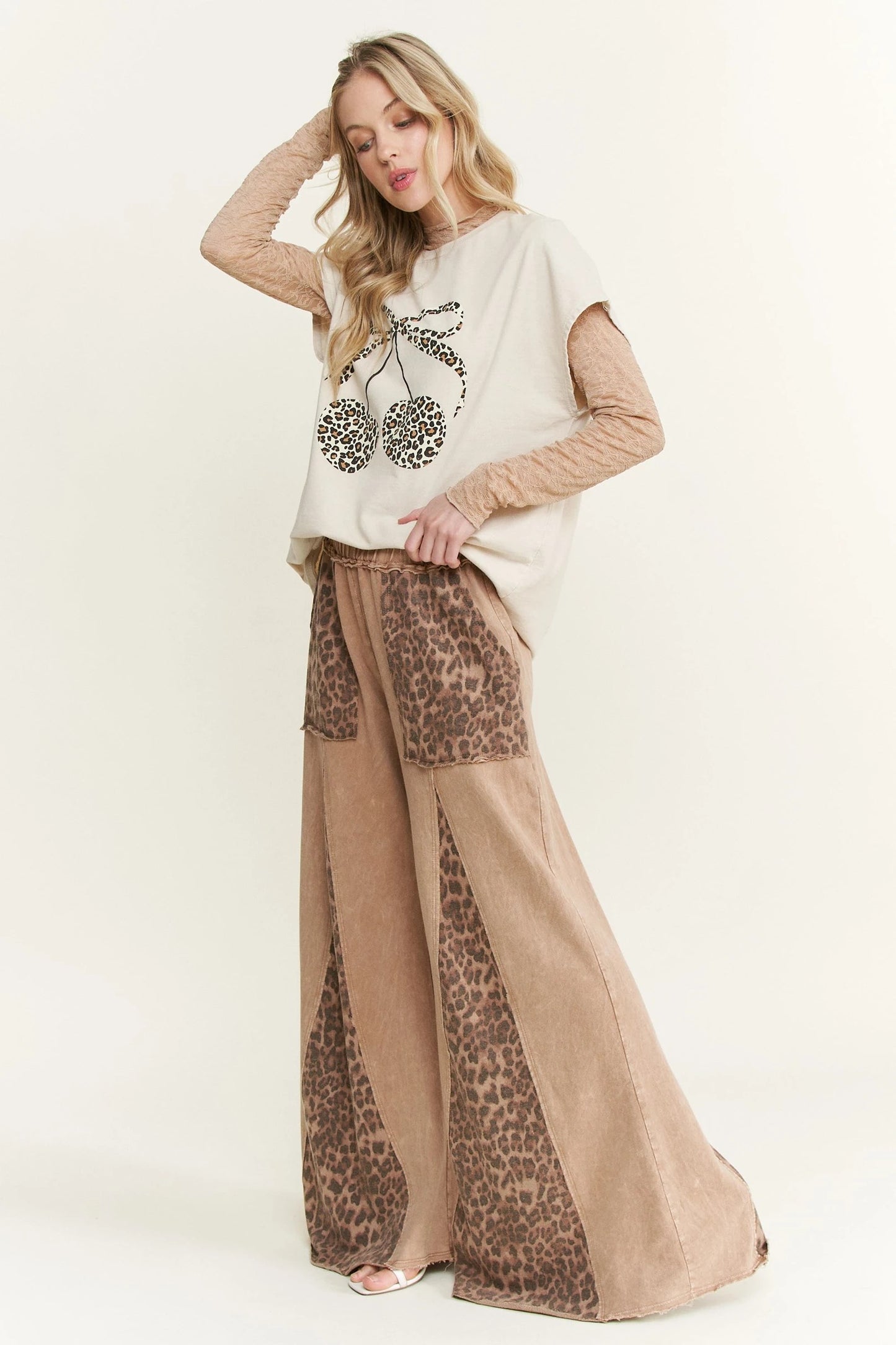 Leopard Detail Flare Leg Bottoms in Tan or Dark Gray