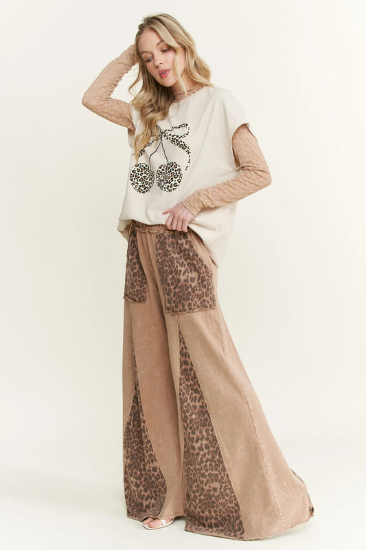 Leopard Detail Flare Leg Bottoms in Tan or Dark Gray