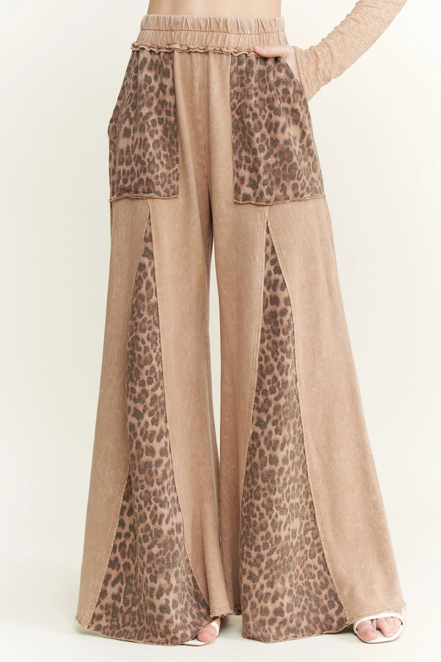 Leopard Detail Flare Leg Bottoms in Tan or Dark Gray