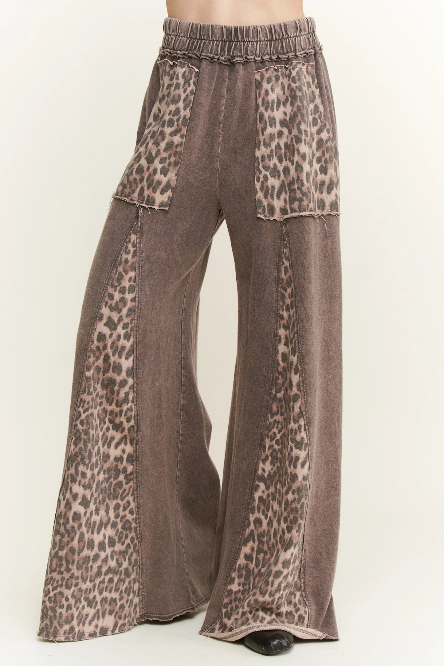 Leopard Detail Flare Leg Bottoms in Tan or Dark Gray