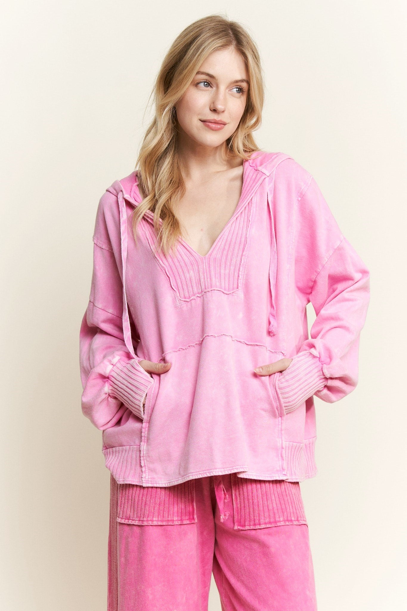 Mineral Wash V-Neck Hoodie in Pink or Sage