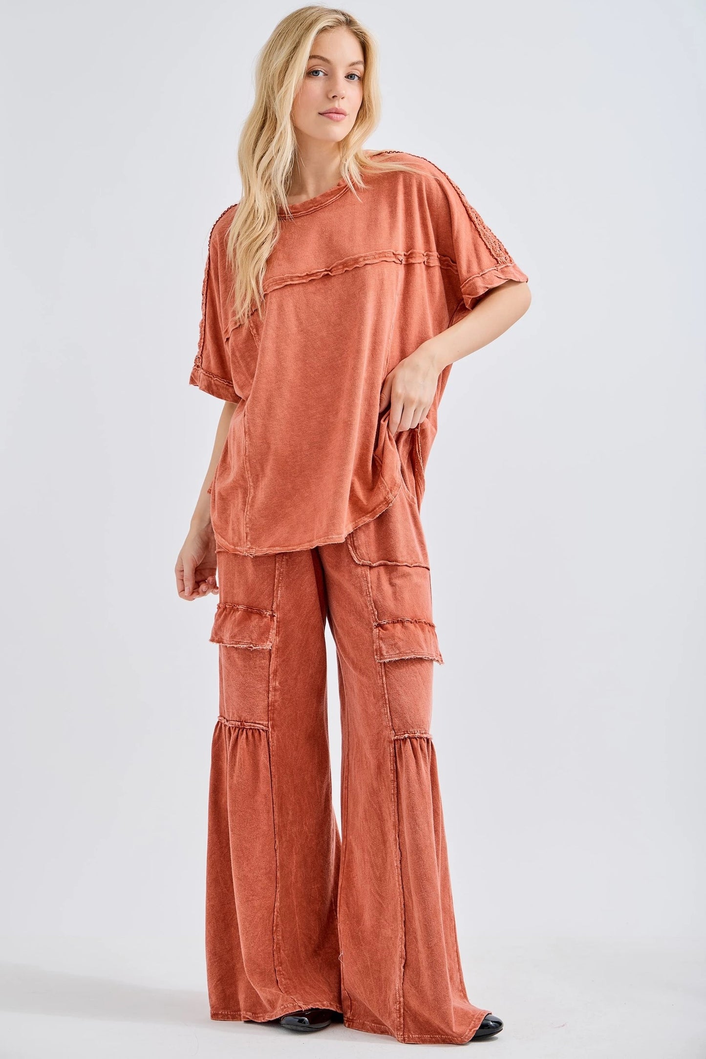 Relaxed Fit Crochet Detail Tee in Burnt Orange