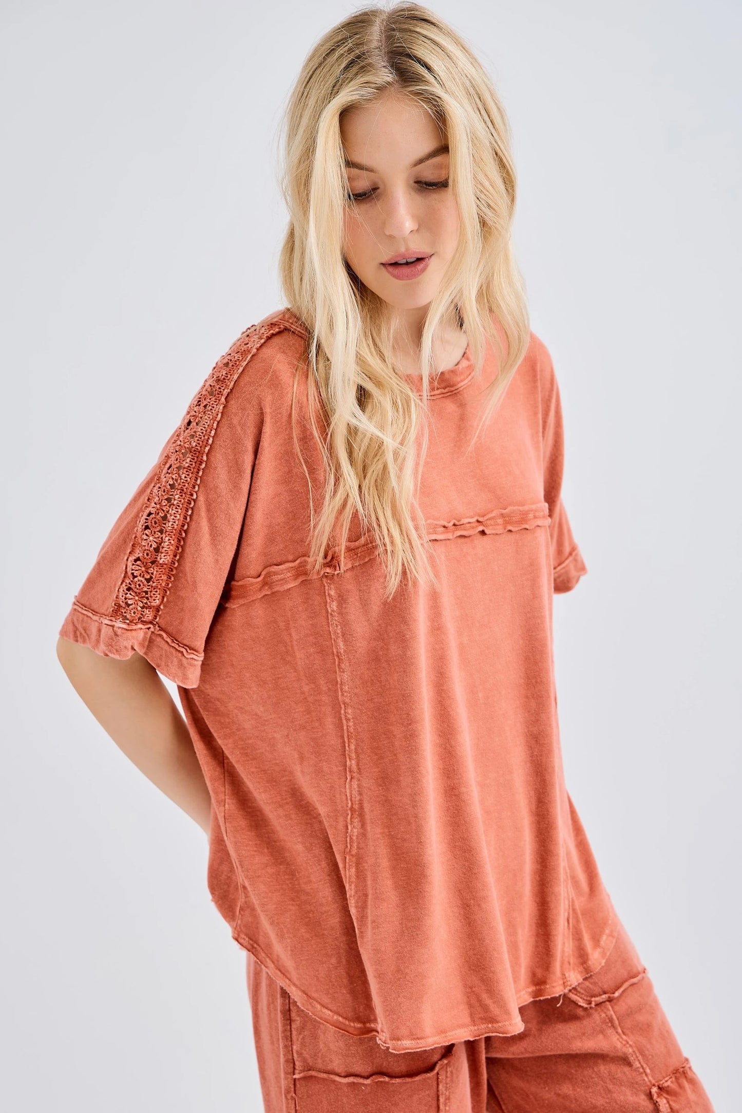 Relaxed Fit Crochet Detail Tee in Burnt Orange