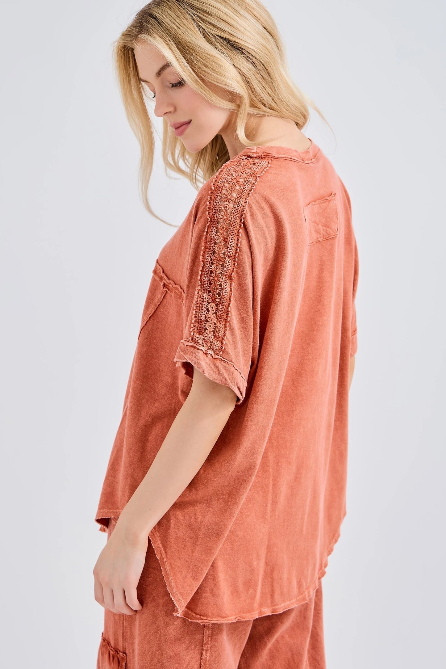 Relaxed Fit Crochet Detail Tee in Burnt Orange