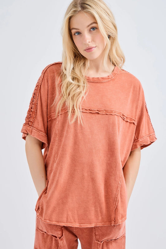 Relaxed Fit Crochet Detail Tee in Burnt Orange