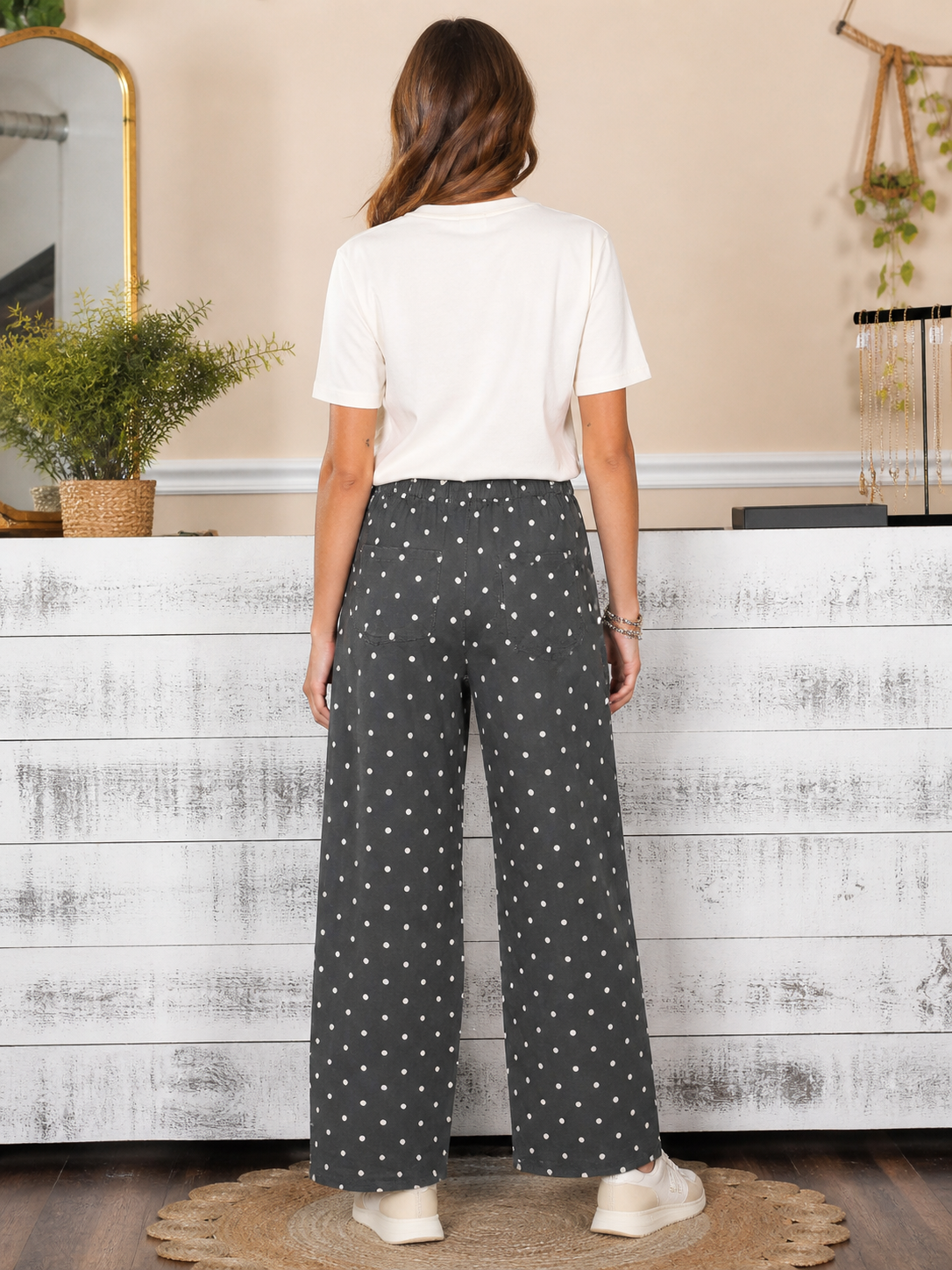 High Rise Denim Barrel Style Polka Dot Bottoms in Dark Gray