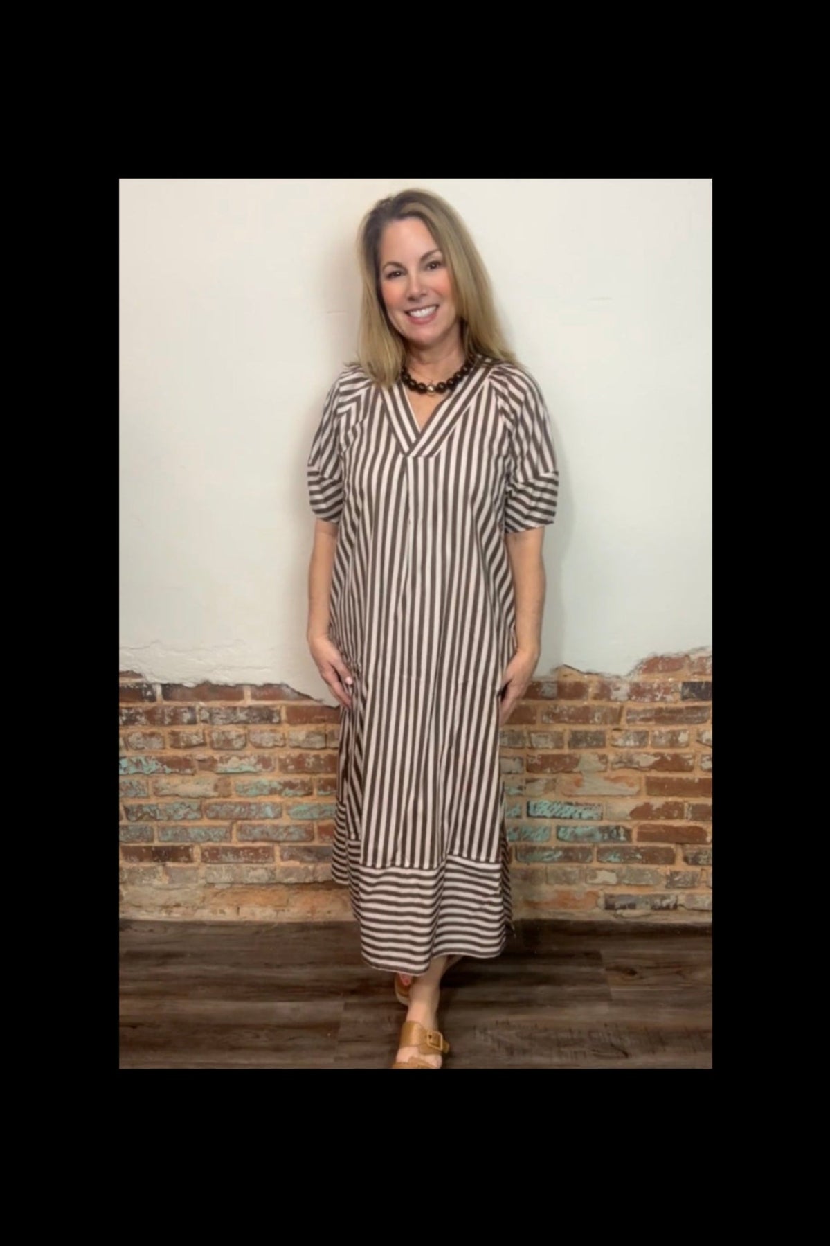 Charlotte Striped Midi Dress in Brown and Ecru
