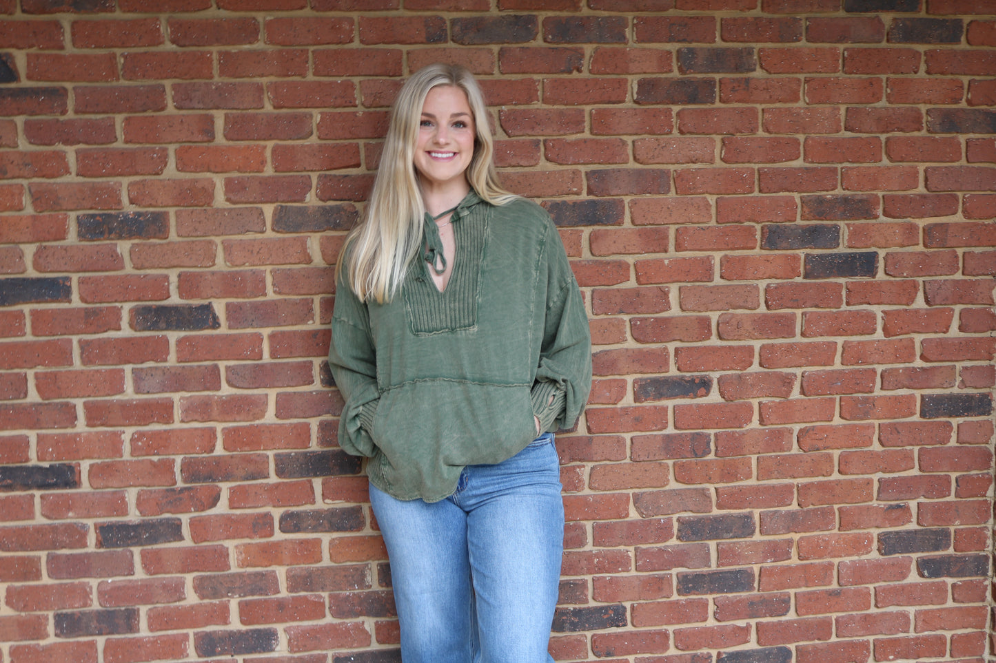 Mineral Wash V-Neck Hoodie in Pink or Sage