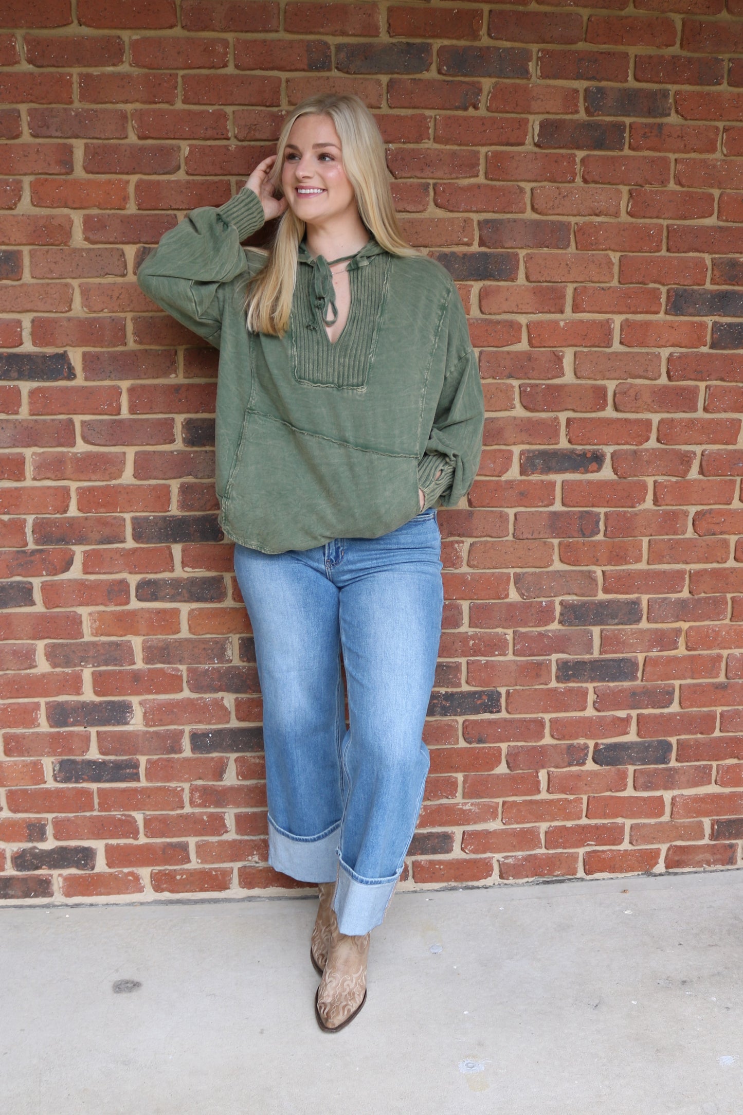 Mineral Wash V-Neck Hoodie in Pink or Sage