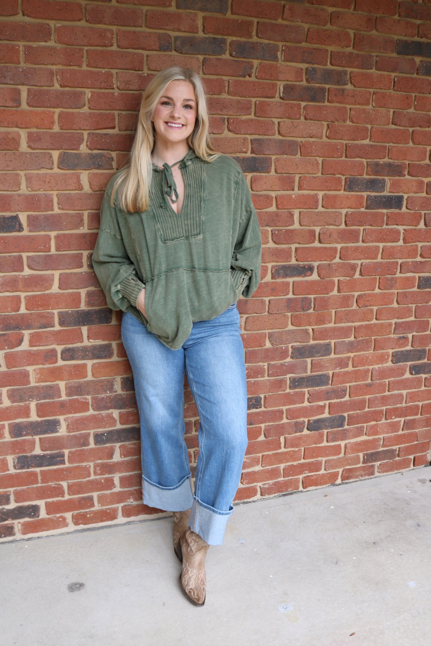 Mineral Wash V-Neck Hoodie in Pink or Sage