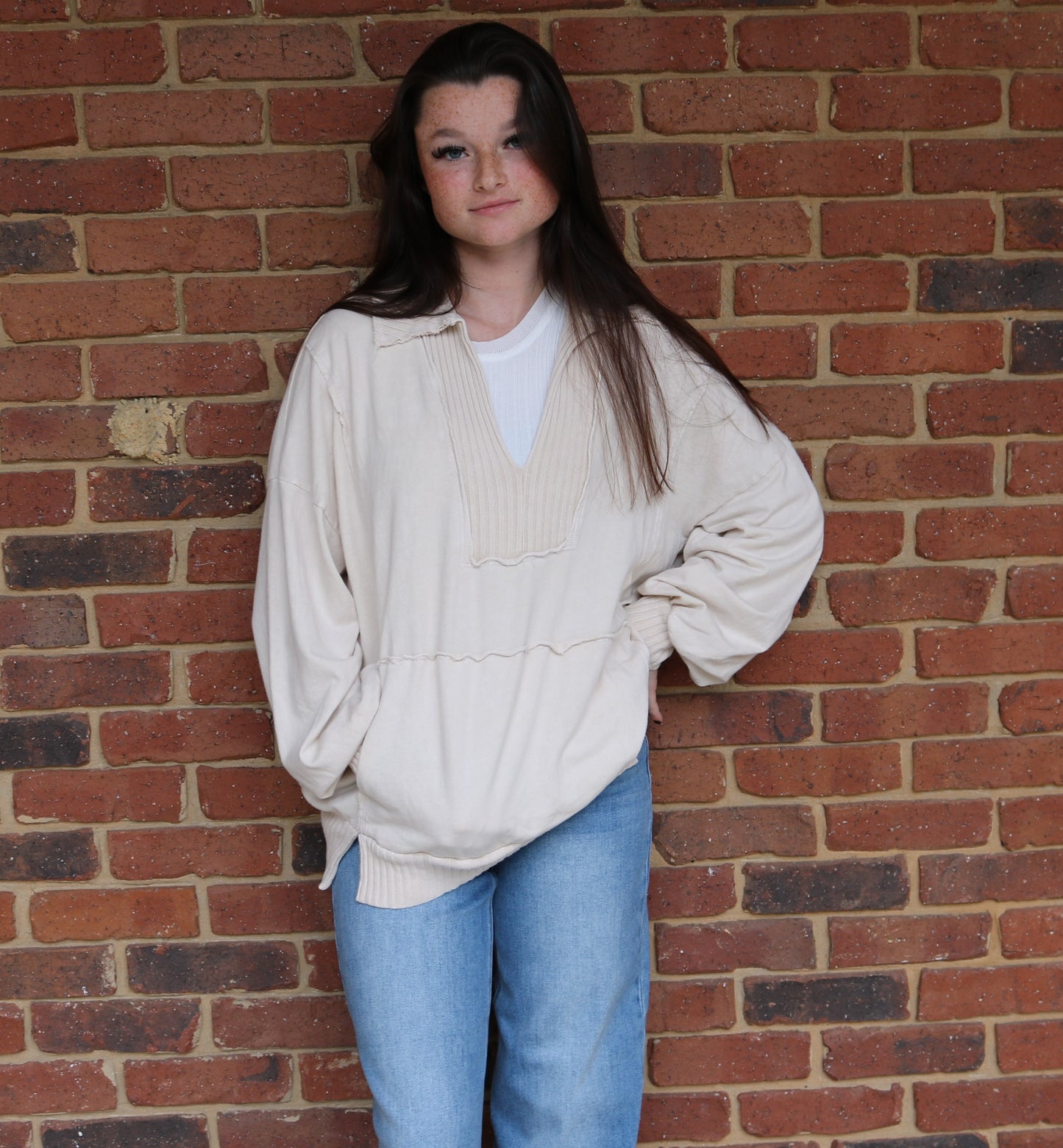 Wide Collar Kangaroo Pocket Sweatshirt