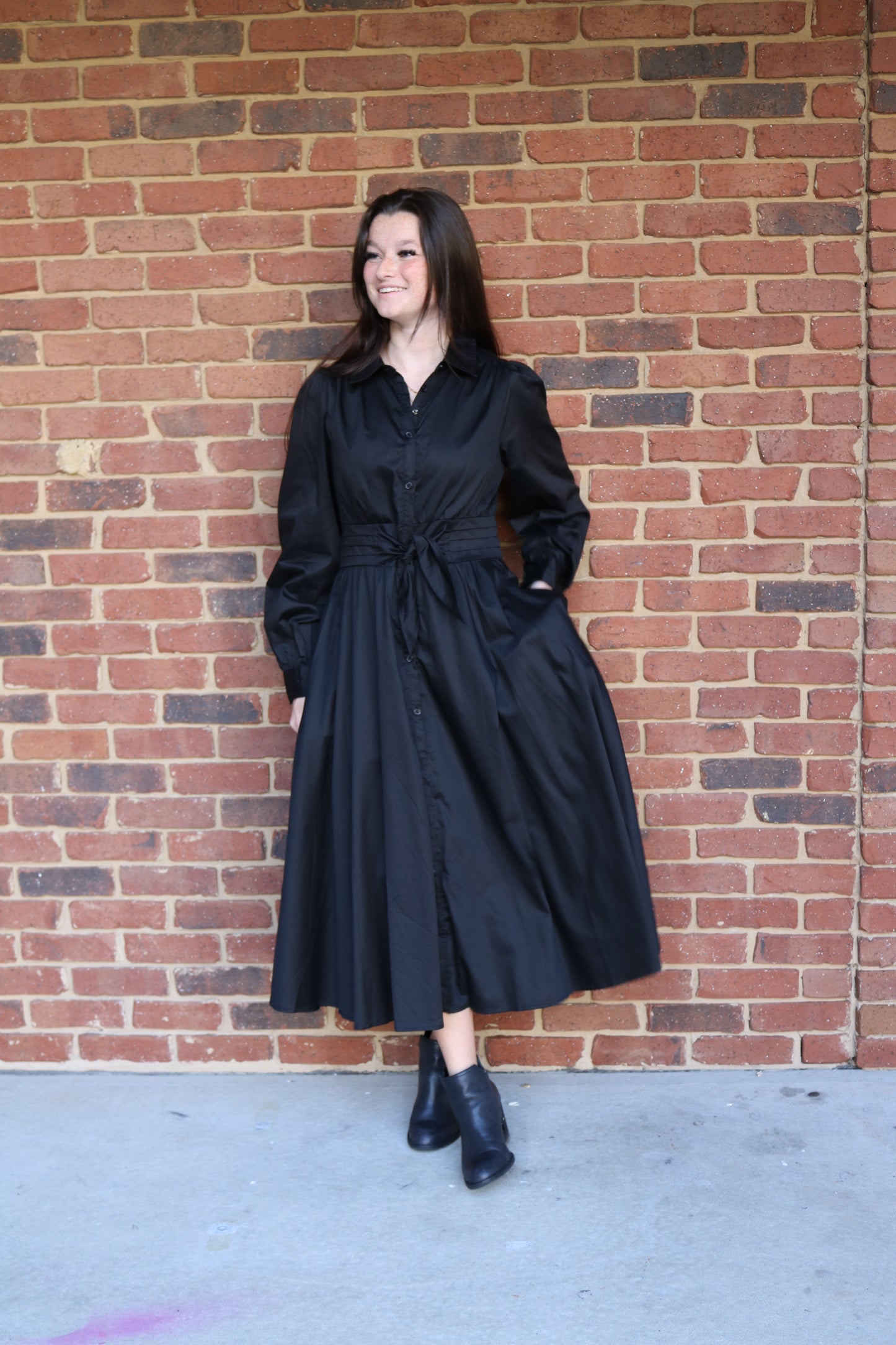 Pintuck Waist Front Tie Midi Dress