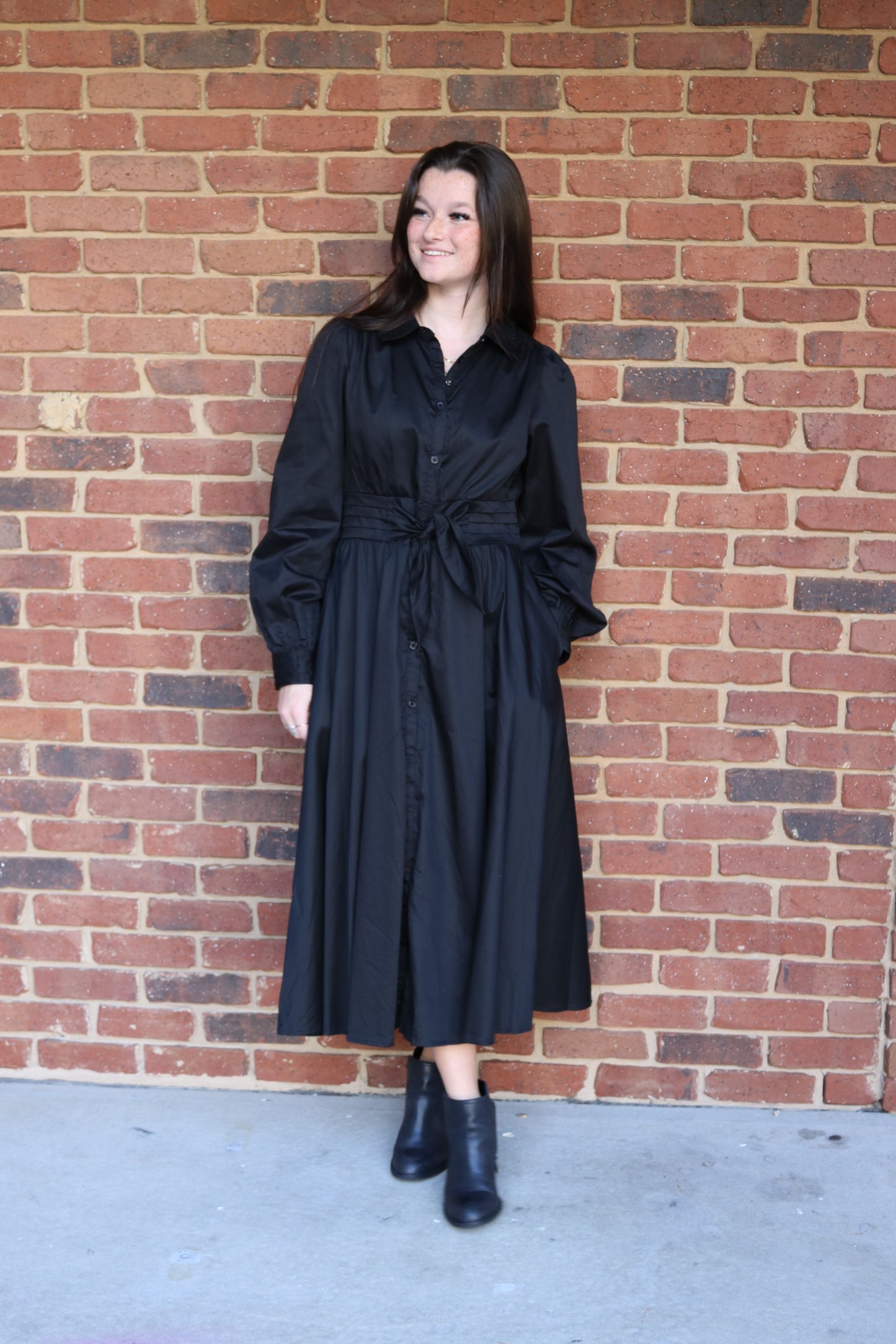 Pintuck Waist Front Tie Midi Dress