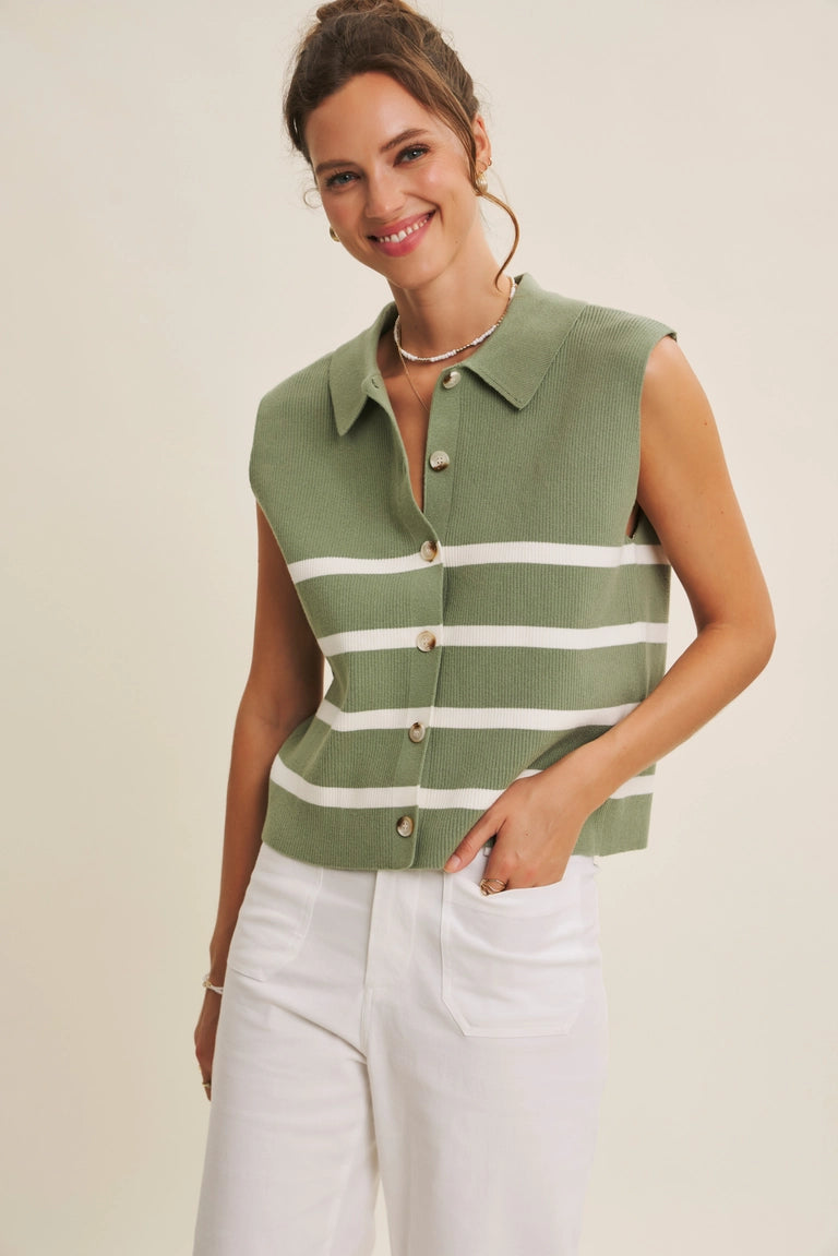 Sage Button Up Sleeveless Sweater Vest