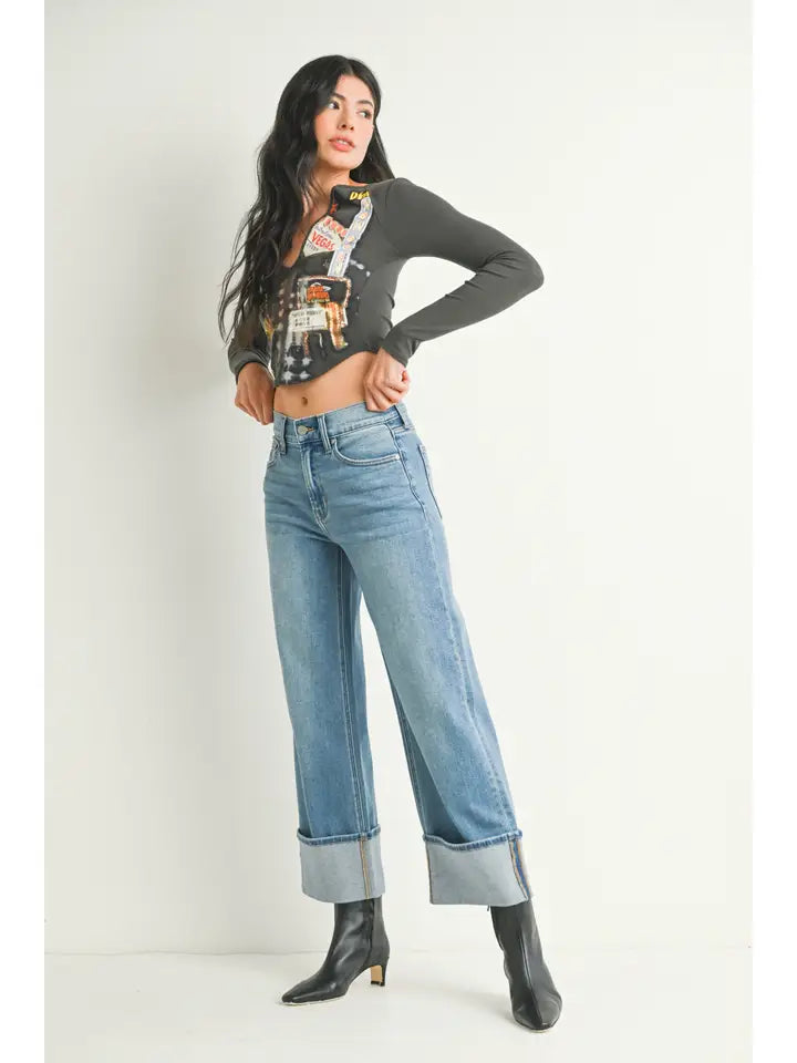 JBD Cuffed Slim Wide Leg Jeans