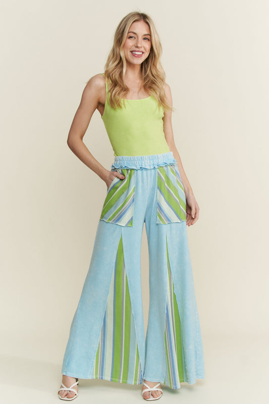 Wide Leg Striped Hippie Pant in Blue and Lime