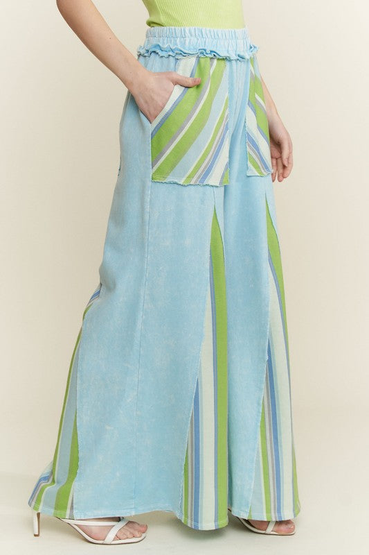 Wide Leg Striped Hippie Pant in Blue and Lime