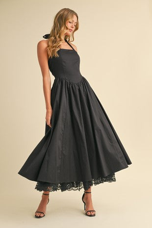 Halter Flared Midi Dress With Lace Bottom