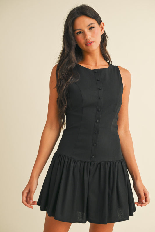 Drop Waist Button Detail Flared Mini Dress