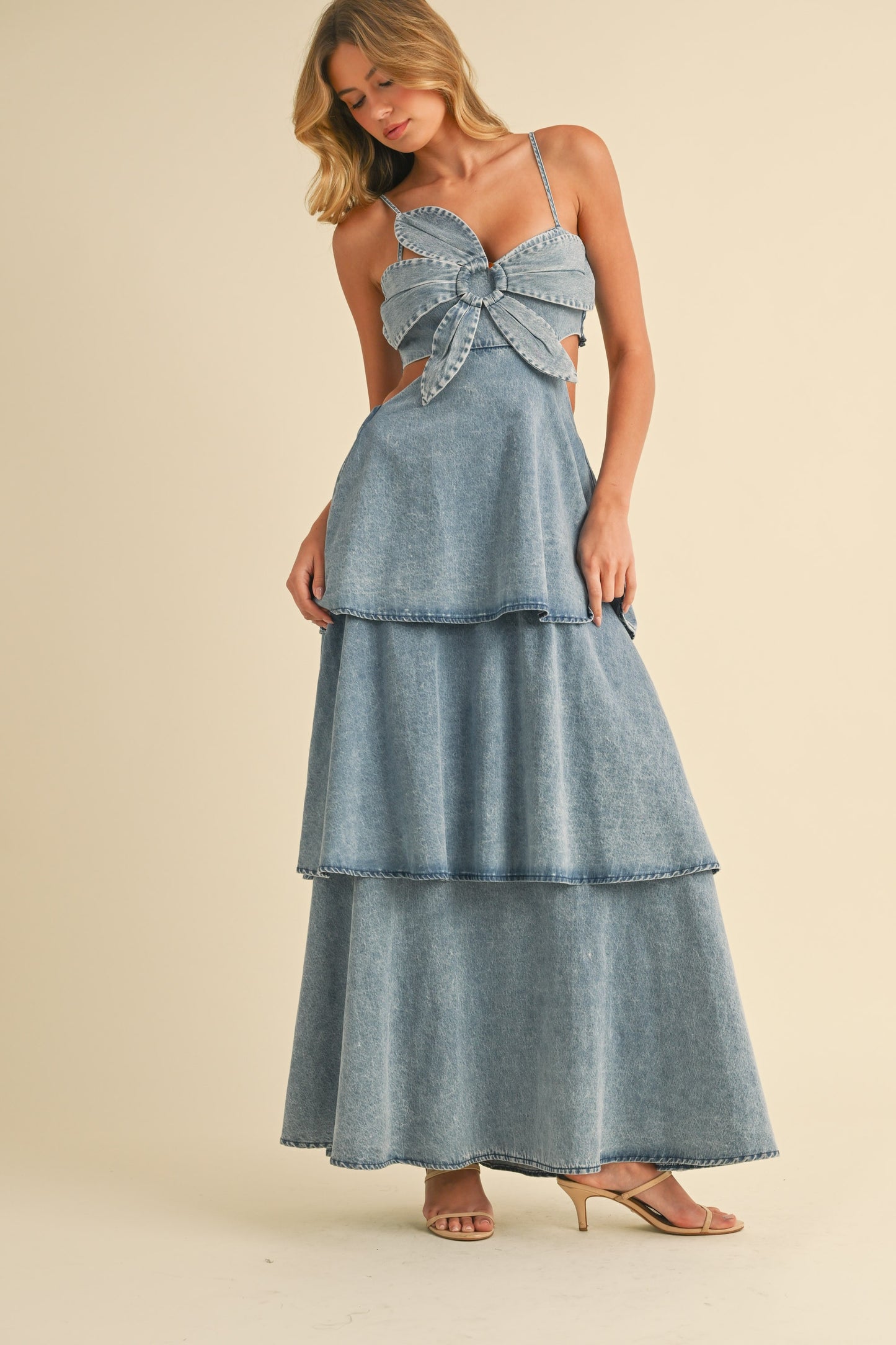 Denim Flower Top Tiered Maxi Dress