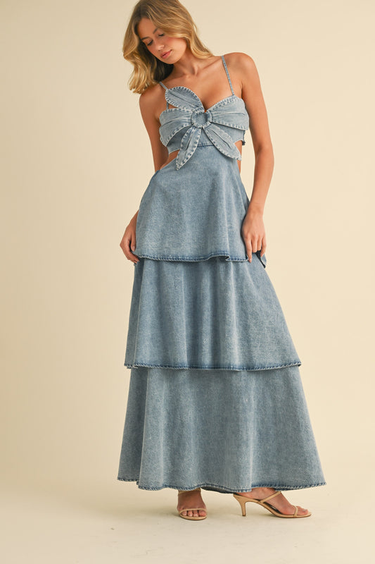 Denim Flower Top Tiered Maxi Dress