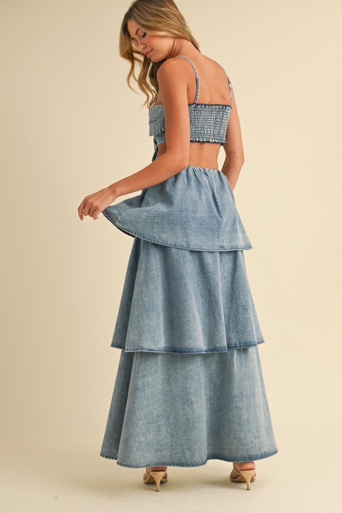 Denim Flower Top Tiered Maxi Dress