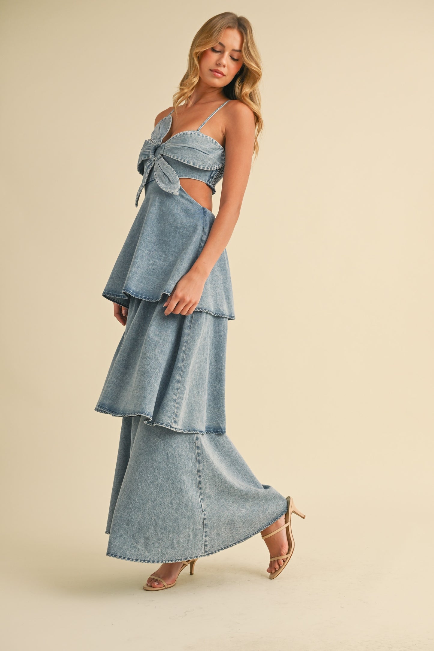 Denim Flower Top Tiered Maxi Dress