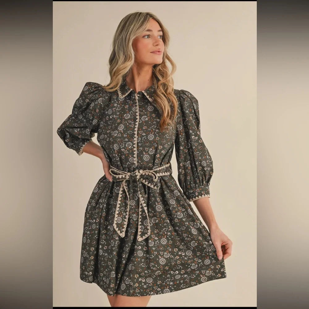 Hunter Green Floral Mini Dress
